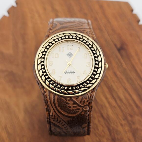 Saddle River Women's Ornate Cuff Watch Brown Tooled Leather Southwestern Boho - Picture 4 of 7